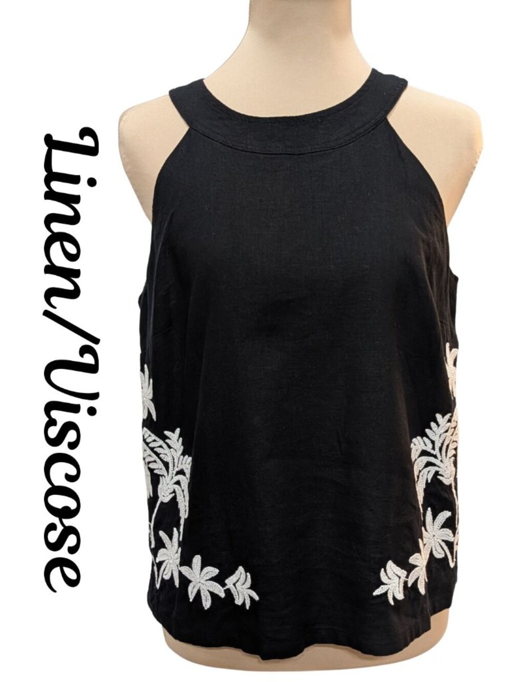 Ann Taylor Embroidered Halter Tank Blouse Linen Viscose Blend